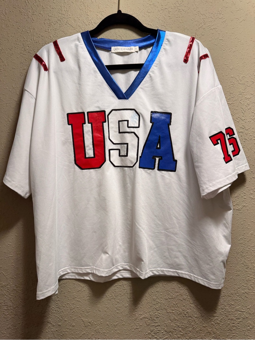 White USA V-Neck Jersey Top with Red & Blue Accents